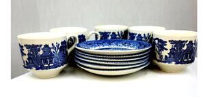 Vntg Churchhill Traditional Blue Willow Ware 5 Teacups 6 Saucers Malaysia Fine